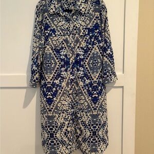 CAbi Blue and Cream Patterned Long Sleeve Dress